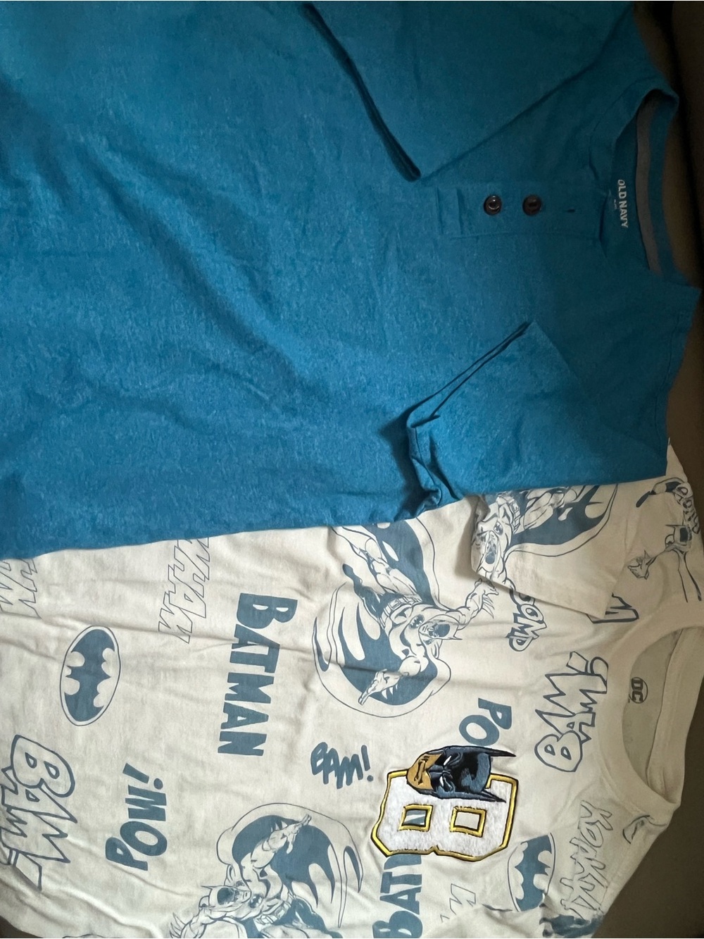 Boys Sz 8-10: Blue Henley & Off-White Batman & Red Pokemon (Charizard) Ts Set